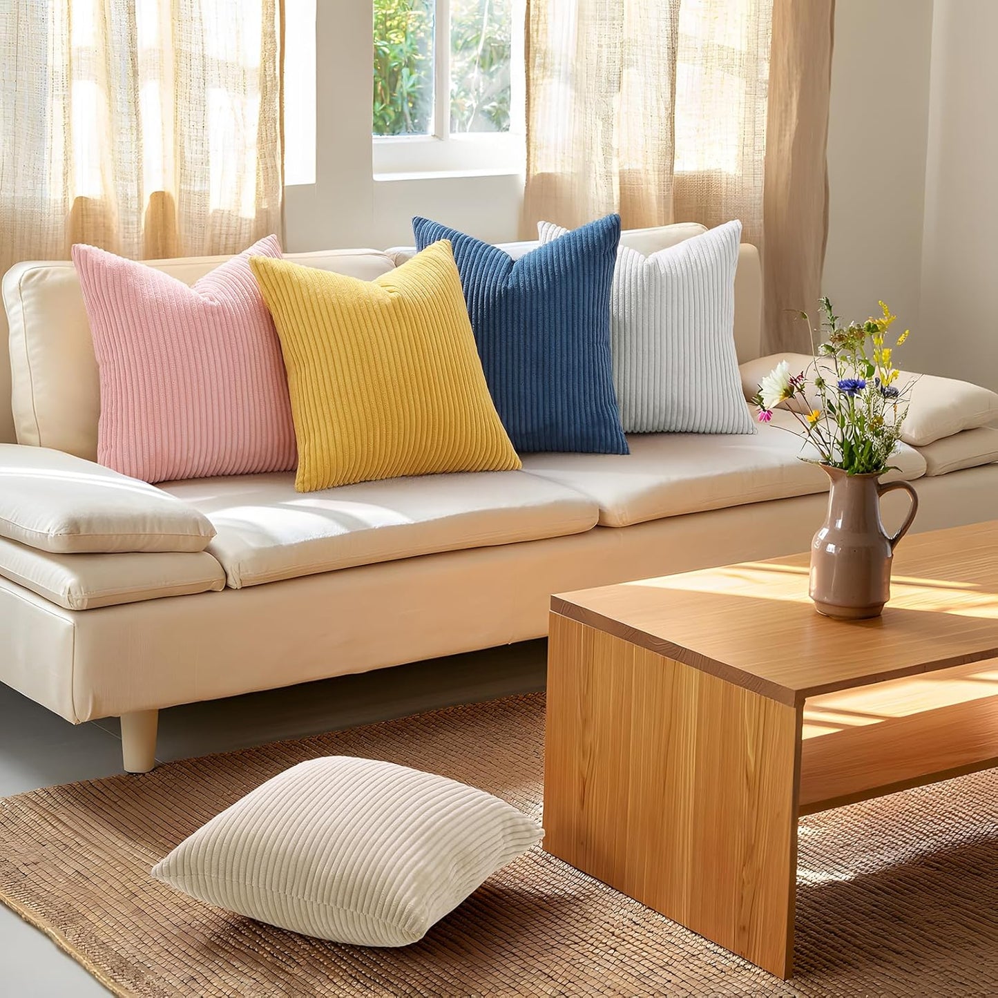 Mecatny Corduroy Summer Decorative Throw Pillow Covers 18x18 Set of 2 for Sofa Living Room, Soft Neutral Boho Couch Pillow Covers for Home Decor, Mustard Yellow