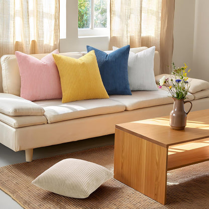 Mecatny Corduroy Summer Decorative Throw Pillow Covers 18x18 Set of 2 for Sofa Living Room, Soft Neutral Boho Couch Pillow Covers for Home Decor, Mustard Yellow