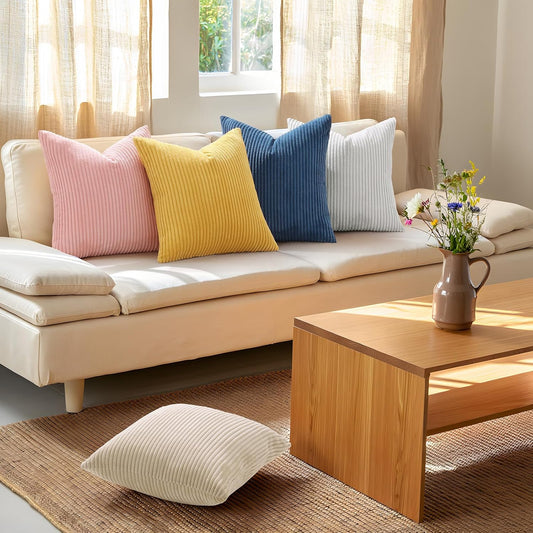 Mecatny Corduroy Summer Decorative Throw Pillow Covers 18x18 Set of 2 for Sofa Living Room, Soft Neutral Boho Couch Pillow Covers for Home Decor, Mustard Yellow