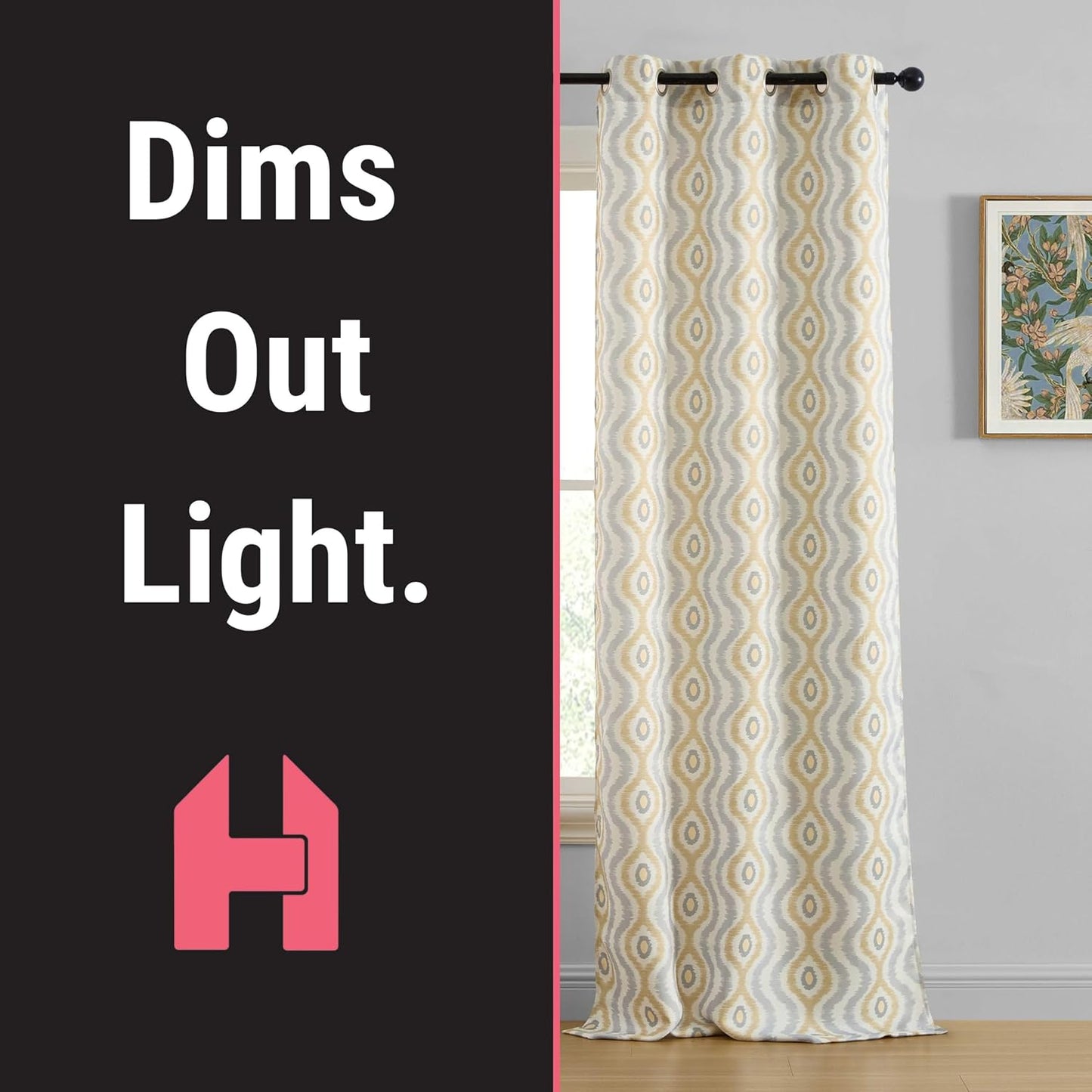 HLC.ME Tanner Grey and Yellow Gold Patterned Curtains - Geometric Grommet Curtains for Bedroom - Ogee Ikatt Light Reducing Window Panels, Set of 2-37 W x 84 L
