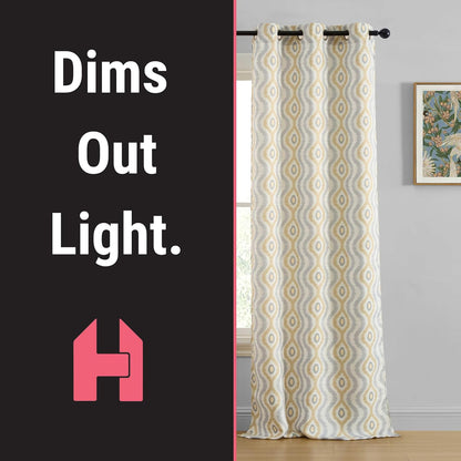 HLC.ME Tanner Grey and Yellow Gold Patterned Curtains - Geometric Grommet Curtains for Bedroom - Ogee Ikatt Light Reducing Window Panels, Set of 2-37 W x 84 L