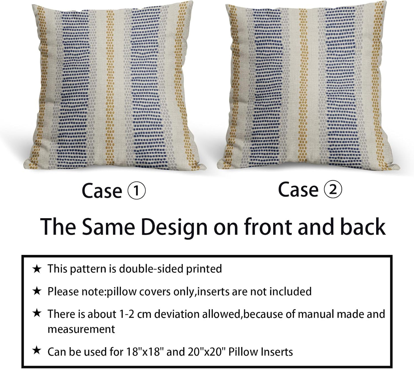Blue Yellow Pillow Covers 18x18 Set of 2 Gray Grey Dot Print Striped Decorative Throw Pillows Outdoor Boho Rustic Pillowcase Farmhouse Linen Cushion Case Decor for Home Sofa Couch Bed