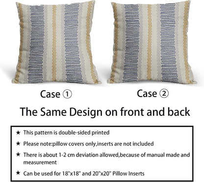Blue Yellow Pillow Covers 18x18 Set of 2 Gray Grey Dot Print Striped Decorative Throw Pillows Outdoor Boho Rustic Pillowcase Farmhouse Linen Cushion Case Decor for Home Sofa Couch Bed
