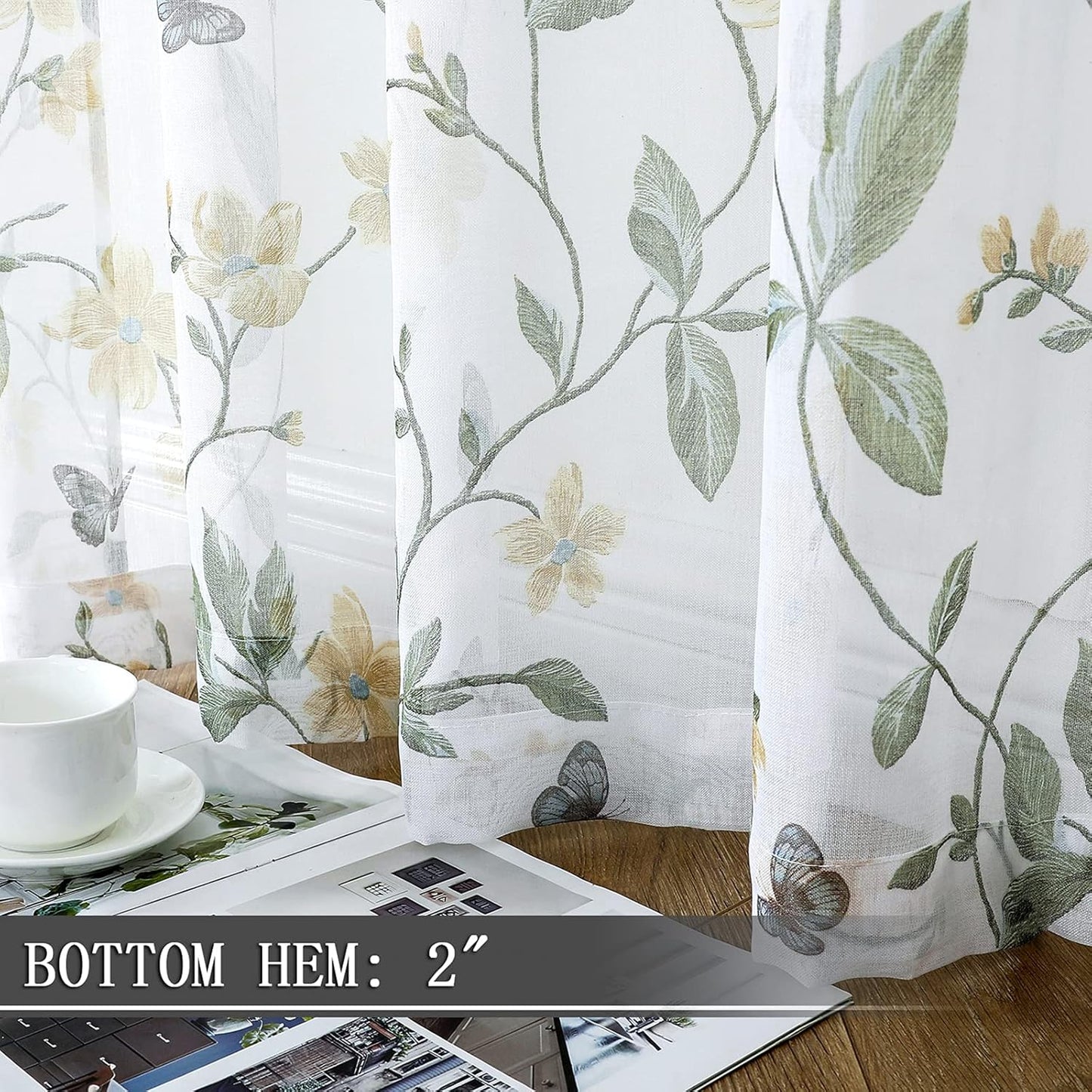 Tollpiz Sheer Floral Curtain Valance Yellow Flower Butterfly Printed Bedroom Curtain Valances Rod Pocket Voile Faux Linen Window Valance Curtains for Living Room, 54 x 16 inches Long, Set of 1 Panel