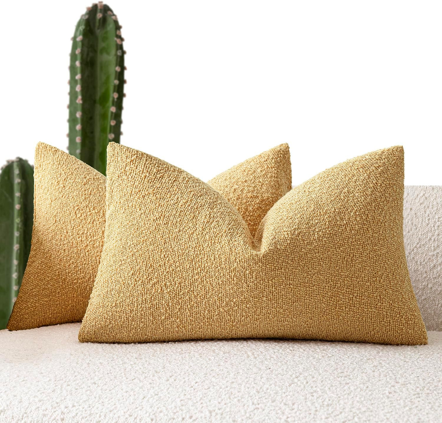 Foindtower Pack of 2 Textured Boucle Throw Pillow Covers Accent Solid Decorative Lumbar Pillow Cases Cozy Couch Cushion Case for Chair Sofa Bedroom Living Room Home Decor 12x20 Inch Light Yellow
