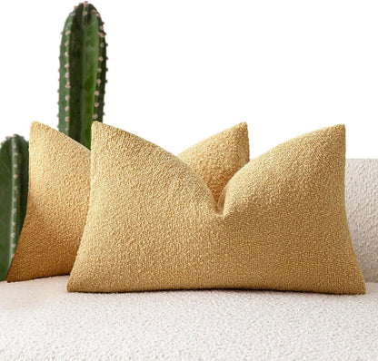 Foindtower Pack of 2 Textured Boucle Throw Pillow Covers Accent Solid Decorative Lumbar Pillow Cases Cozy Couch Cushion Case for Chair Sofa Bedroom Living Room Home Decor 12x20 Inch Light Yellow