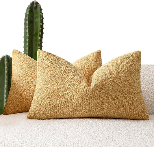 Foindtower Pack of 2 Textured Boucle Throw Pillow Covers Accent Solid Decorative Lumbar Pillow Cases Cozy Couch Cushion Case for Chair Sofa Bedroom Living Room Home Decor 12x20 Inch Light Yellow