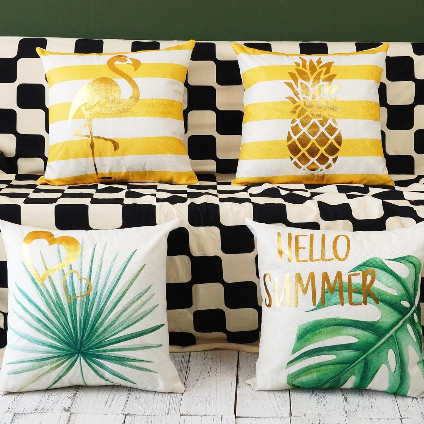 ONWAY Hello Summer Pillow Covers Waterproof 18x18 Set of 4 for Summer Decorations Yellow Stripe Gold Cushion Cases Tropical Pineapple Flamingo Throw Pillows for Couch Patio Furniture
