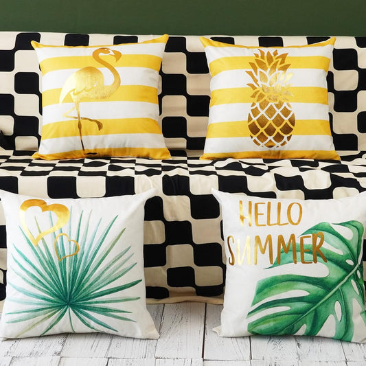 ONWAY Hello Summer Pillow Covers Waterproof 18x18 Set of 4 for Summer Decorations Yellow Stripe Gold Cushion Cases Tropical Pineapple Flamingo Throw Pillows for Couch Patio Furniture