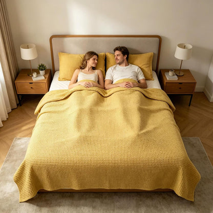100% Cotton Blanket, Cooling Breathable and Soft for Summer, Breathable Waffle Blanket, Thick Cozy Waffle Weave Gifts, All Season (Yellow, S)
