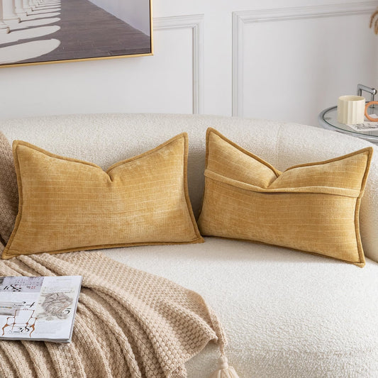 MADIZZ Pack of 2 Decorative Striped Throw Pillow Covers Vintage Boho Soft Chenille Throw Pillows Luxurious Cushion Covers for Couch Sofa Bedroom Living Room 12x20 Inch, Yellow