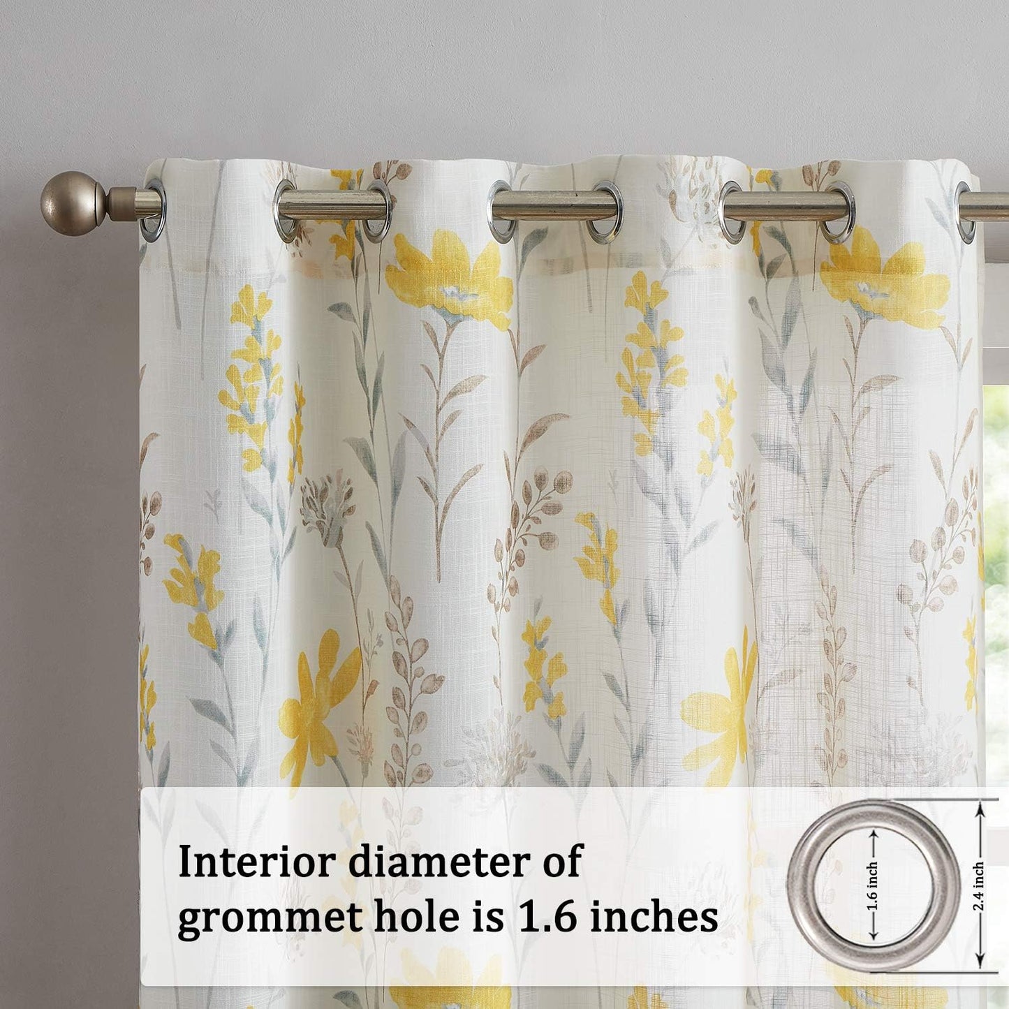 July Joy Printed Kitchen Valance Linen Textured 18-inches Floral Leaf Design Farmhouse Style Window Panel Drapes Set Grommet Treatment for Basement Café Room, 52 x 18 inch, Yellow