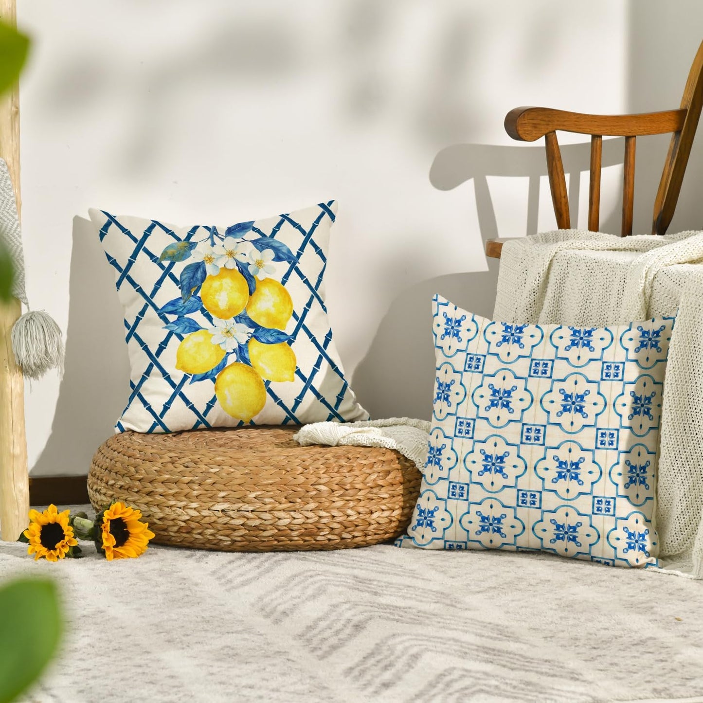 AVOIN colorlife Lemon Summer Throw Pillow Covers, 20 x 20 Inch Bule Diamond Check Bamboo Summer Cushion Case for Sofa Couch Set of 4
