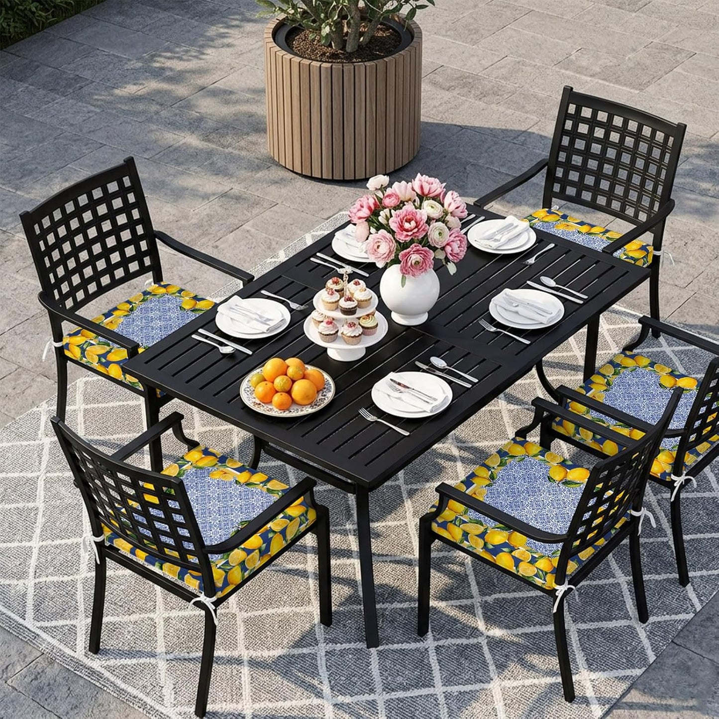 Blue Yellow Lemon Indoor/Outdoor Seat Cushions Cover, Summer Country Fruits Italian Style Waterproof Patio Chaise Lounge Cushion Cover for Beach Pool Side Chair Cushions 20''x18''x2pcs