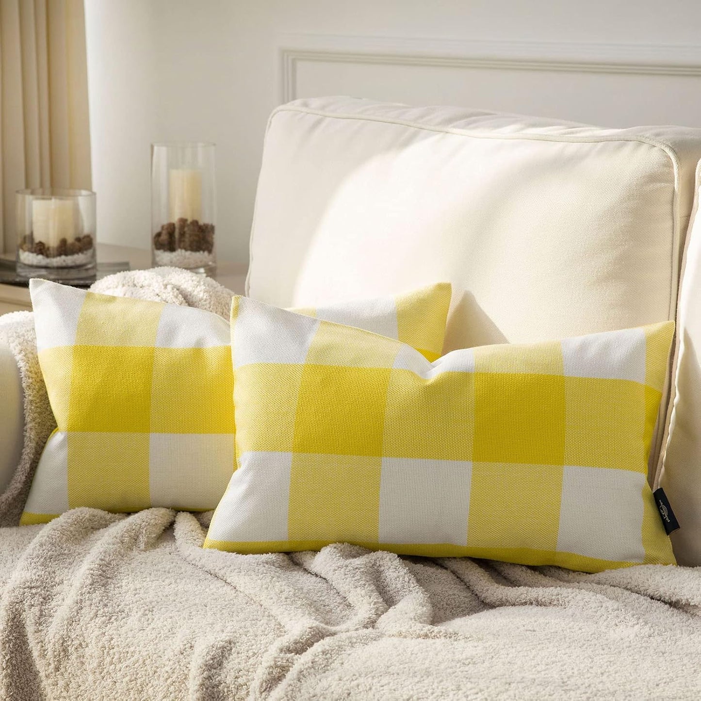 Phantoscope Pack of 2 Gingham Buffalo Check Plaid Throw Decorative Pillow Cover Outdoor Indoor Throw Pillows Farmhouse Square Pillow Cases for Home Decor Yellow,12 x 20 Inches