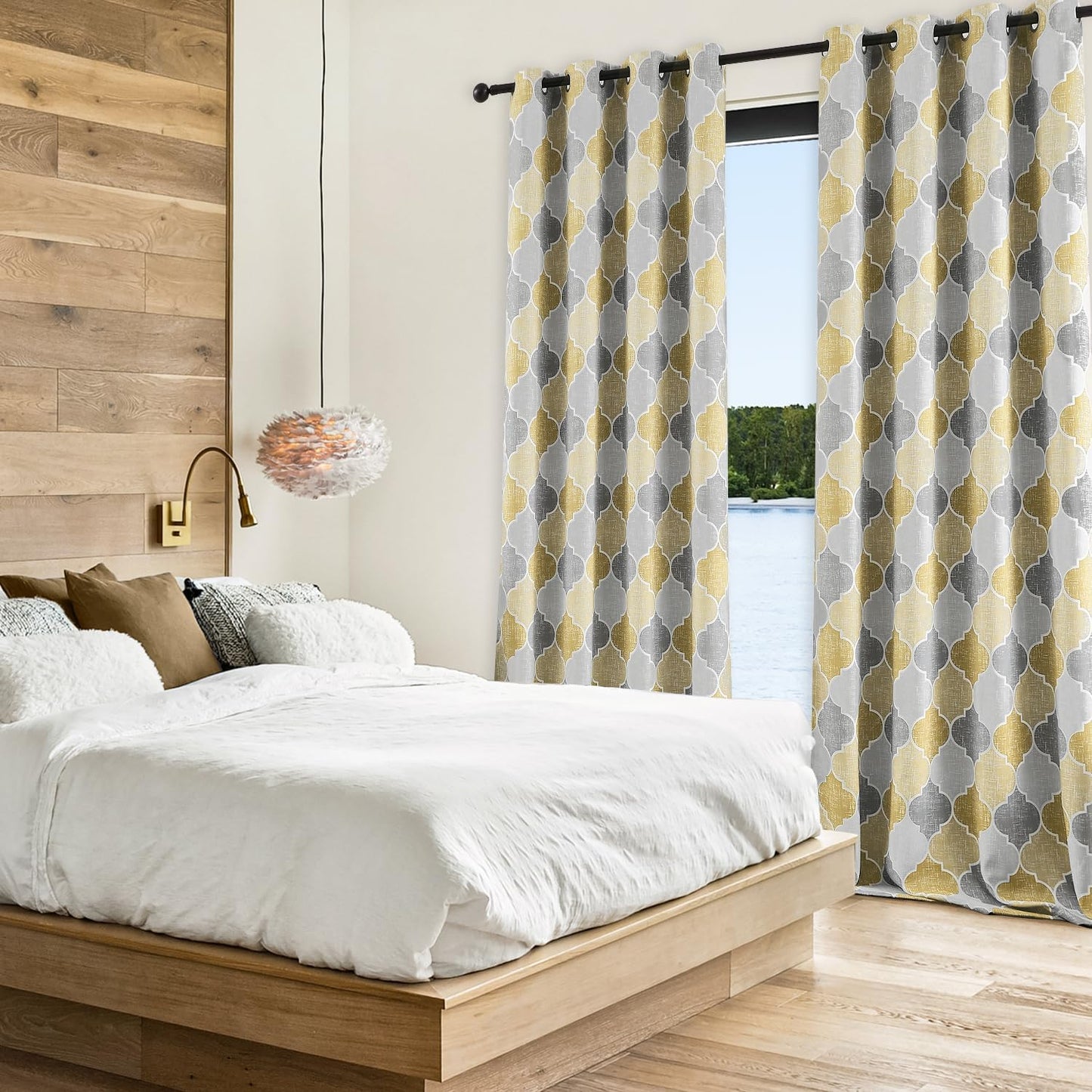 Gray Yellow Full Blackout Curtains 84 Inches Long for Bedroom Living Room Moroccan Geo Print Window Panels Thermal Insulated Room Darkening Privacy Grommet Top Drapes, 52x84, 2 Panels