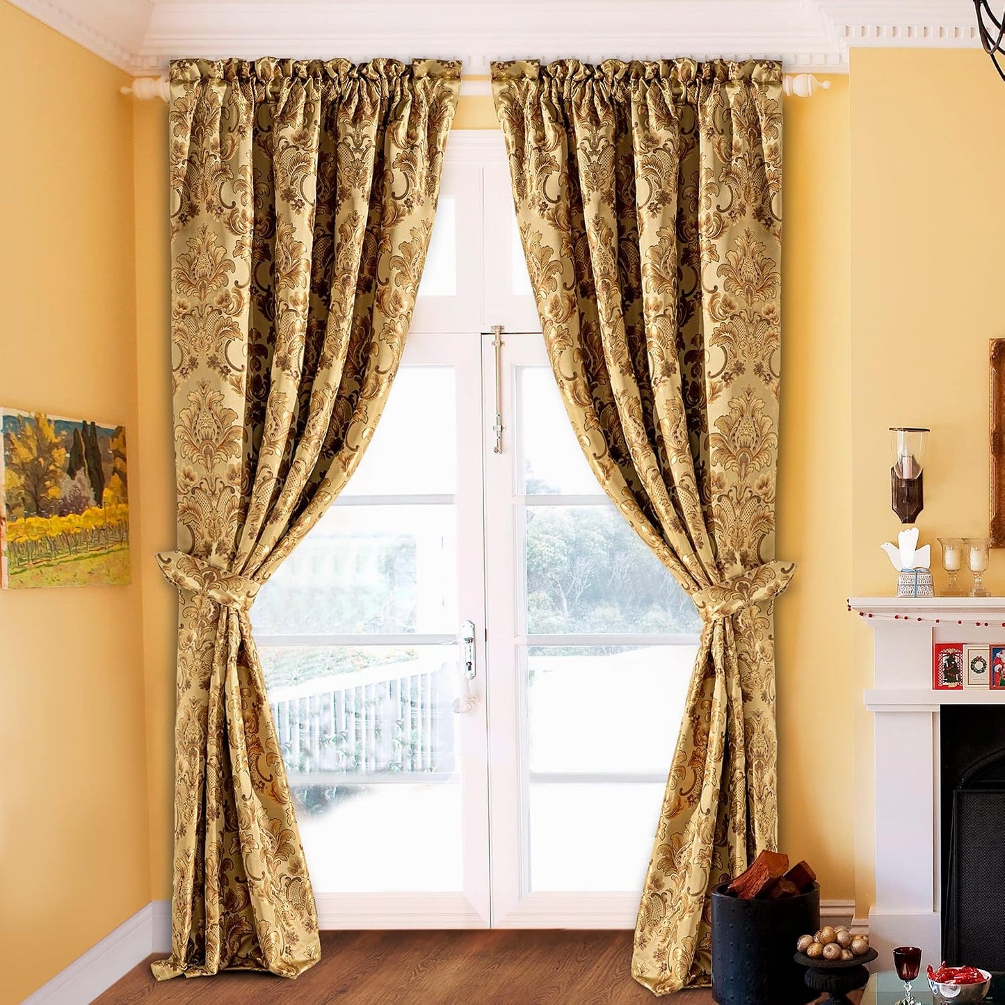 Loom and Mill Luxury Damask Curtains for Living Room, Golden Floral Thick Jacquard Window Treatment with Tiebacks for Bedroom Christmas Party Banquet Decorations (2 Panels, 52 x 108 Inch, Yellow)