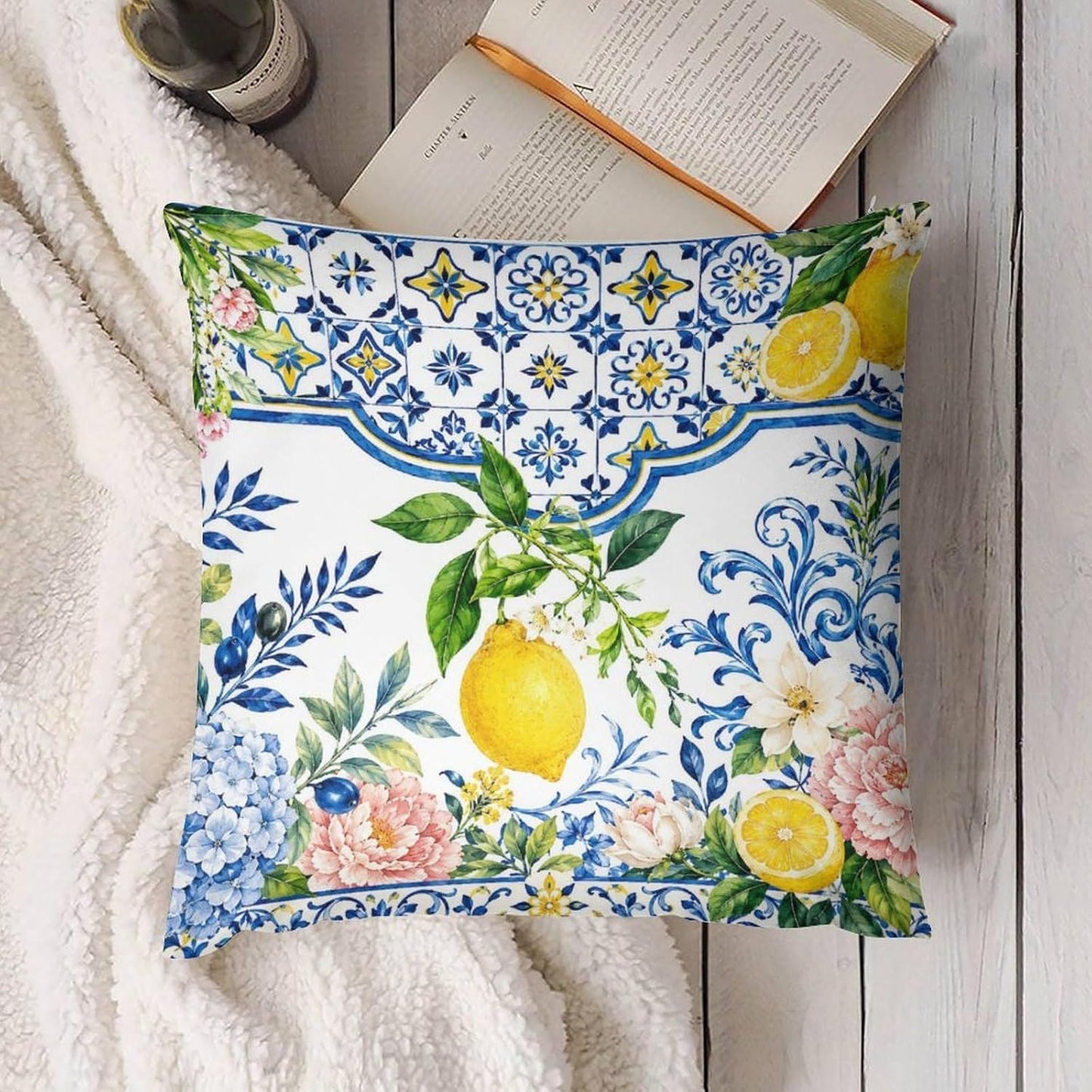 Throw Pillow Covers 18 "x18 Set of 2 - Summer Lemons Blue TilesDecorative Linen Pillow Covers Cushion Cases for Farmhouse Sofa Couch Outdoor Home Decorations