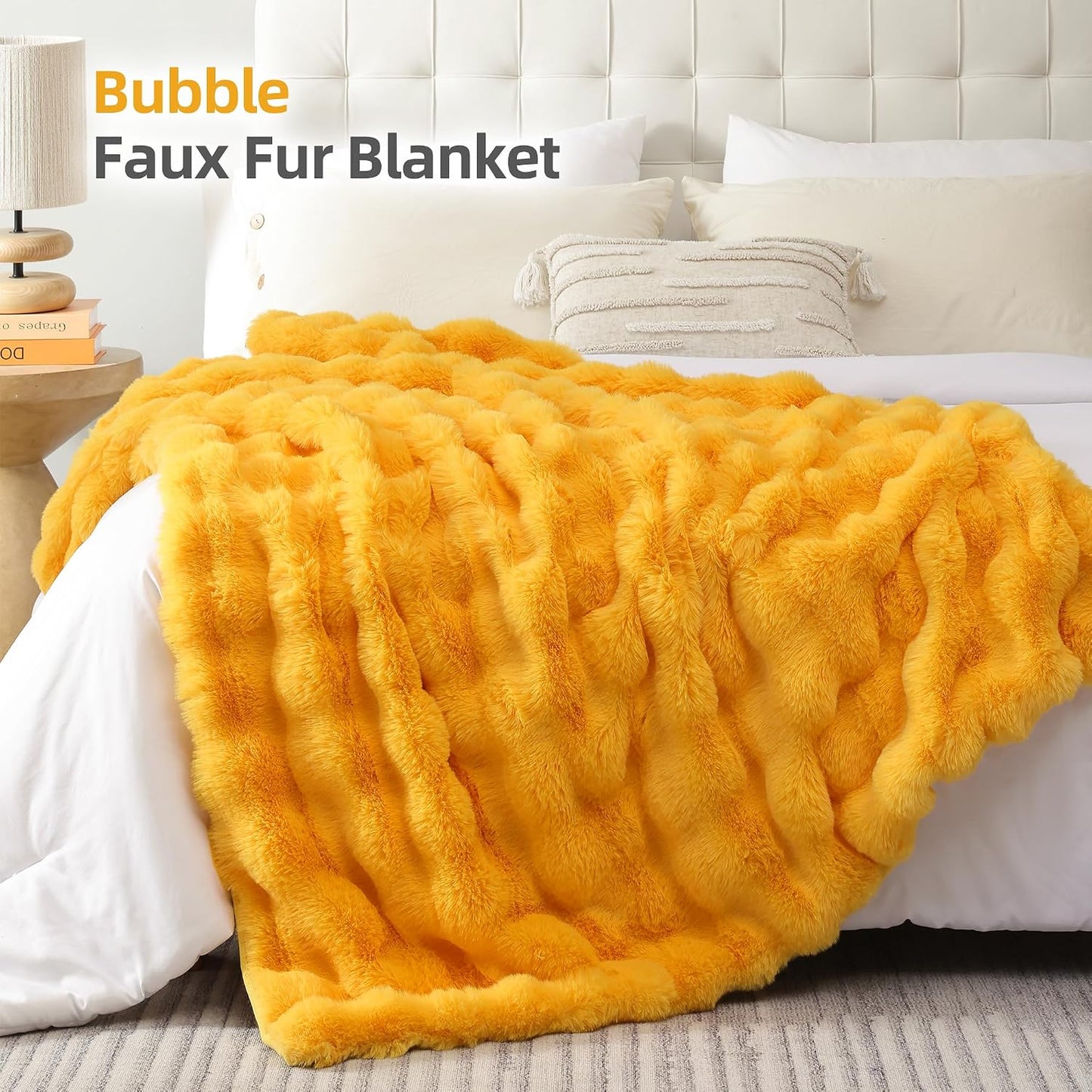 Smoofy Faux Fur Throw Blanket for Couch - Mustard Yellow Soft Cozy Bubble Blanket, Fluffy Plush Fuzzy Throw for Sofa & Bed, Thick Lightweight Warm Blanket, Luxury Aesthetic Gift for Women 50"x60"