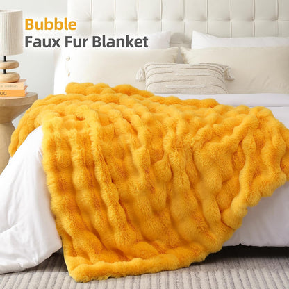 Smoofy Faux Fur Throw Blanket for Couch - Mustard Yellow Soft Cozy Bubble Blanket, Fluffy Plush Fuzzy Throw for Sofa & Bed, Thick Lightweight Warm Blanket, Luxury Aesthetic Gift for Women 50"x60"