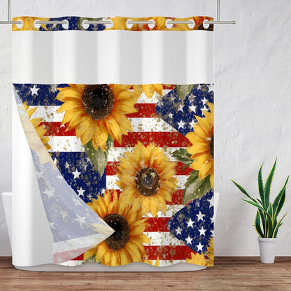 4th of July No Hook Shower Curtain with Snap in Liner Independence Day America Flag Memorial Day Sunflowers Double Layers See Through Top Window Open Grommet Bath Curtain 71x74 Inch