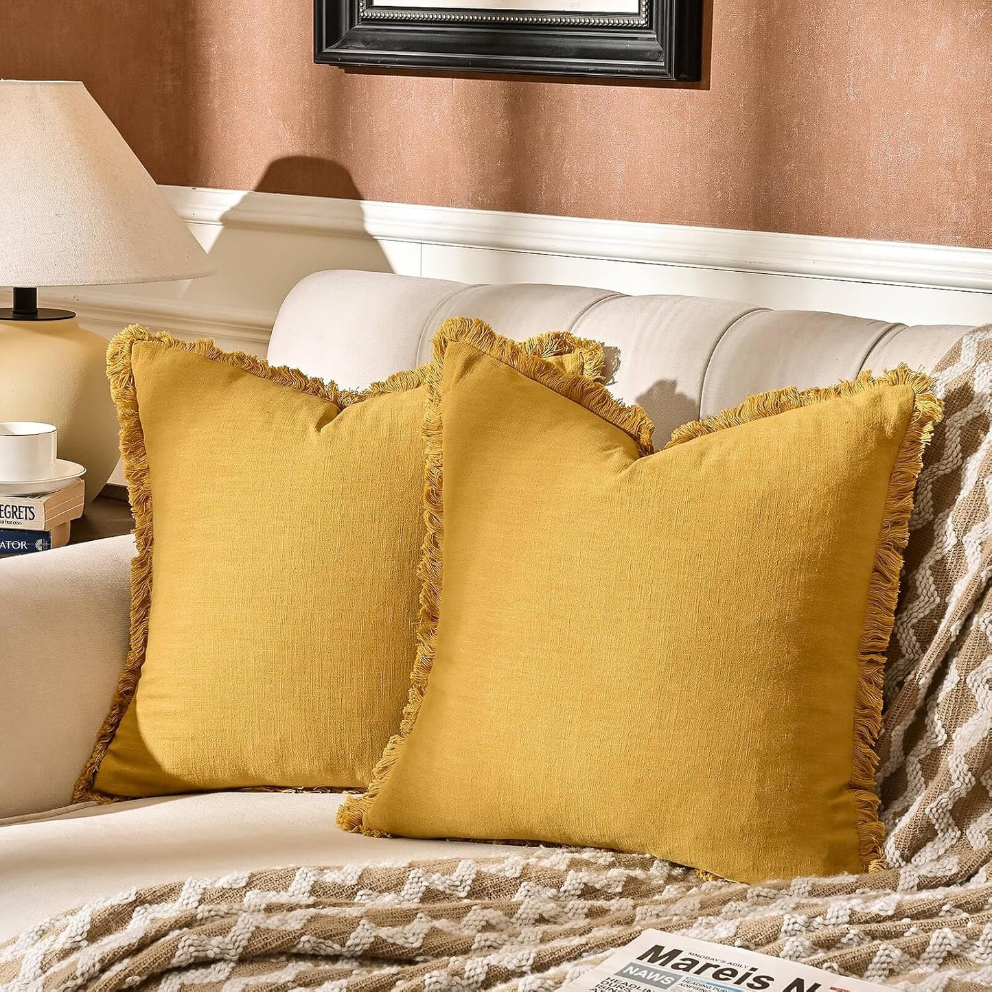 AmHoo Pack of 2 Linen Pillow Covers with Tassels Fringed Decorative Rustic Natural Throw Pillowcase Cushion for Couch Sofa Bedroom 18 x 18-Inch Mustard Yellow