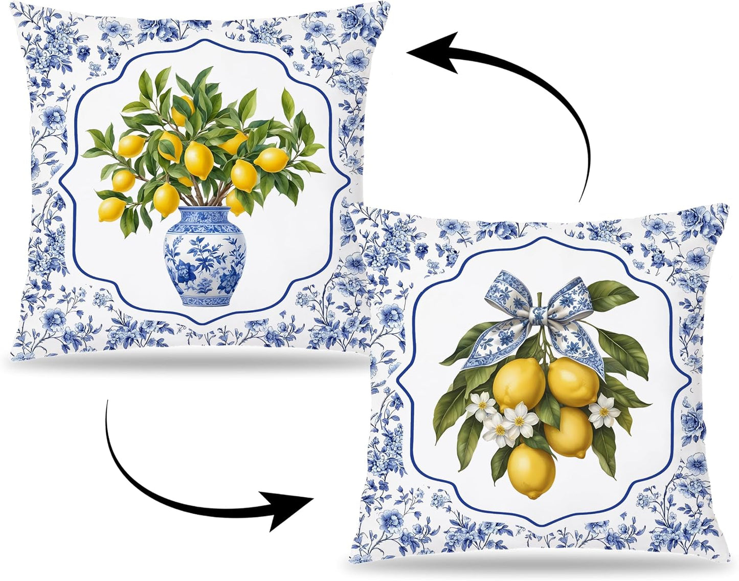 Blue and White Chinoiserie Lemon Pillow Covers 18x18Double-Sided, Grand Millenial Decor, Chinoiserie Decor, Grandmillennial Floral Fruit Lemon Decorative Throw Pillow Covers