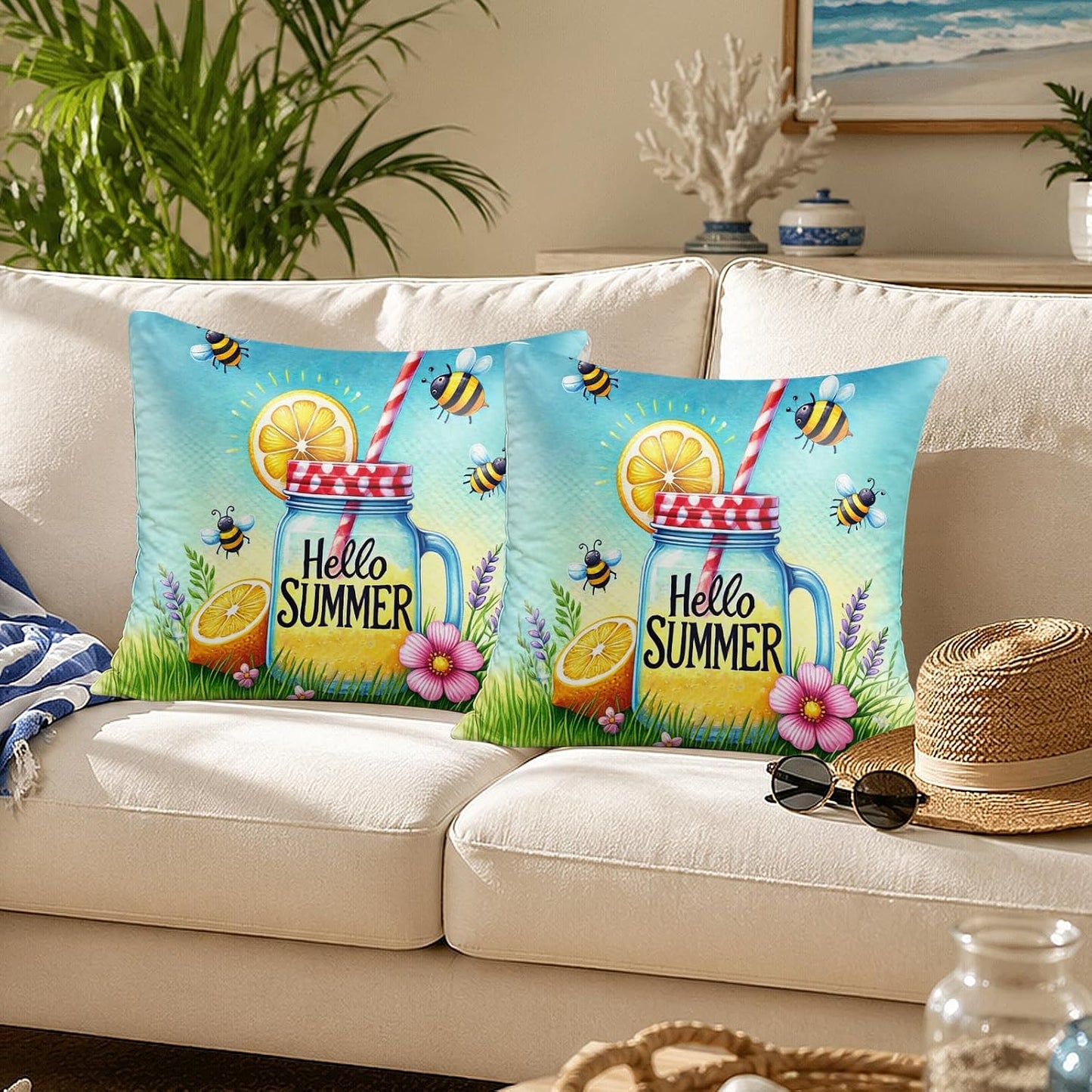 BlissYard Hello Summer Lemon Throw Pillow Covers 18x18 Set of 2 Decorative Pillow Covers Bee Lemonade Summer Cushion Covers Farmhouse Summer Pillow Covers for Couch Sofa Living Room Home Decor