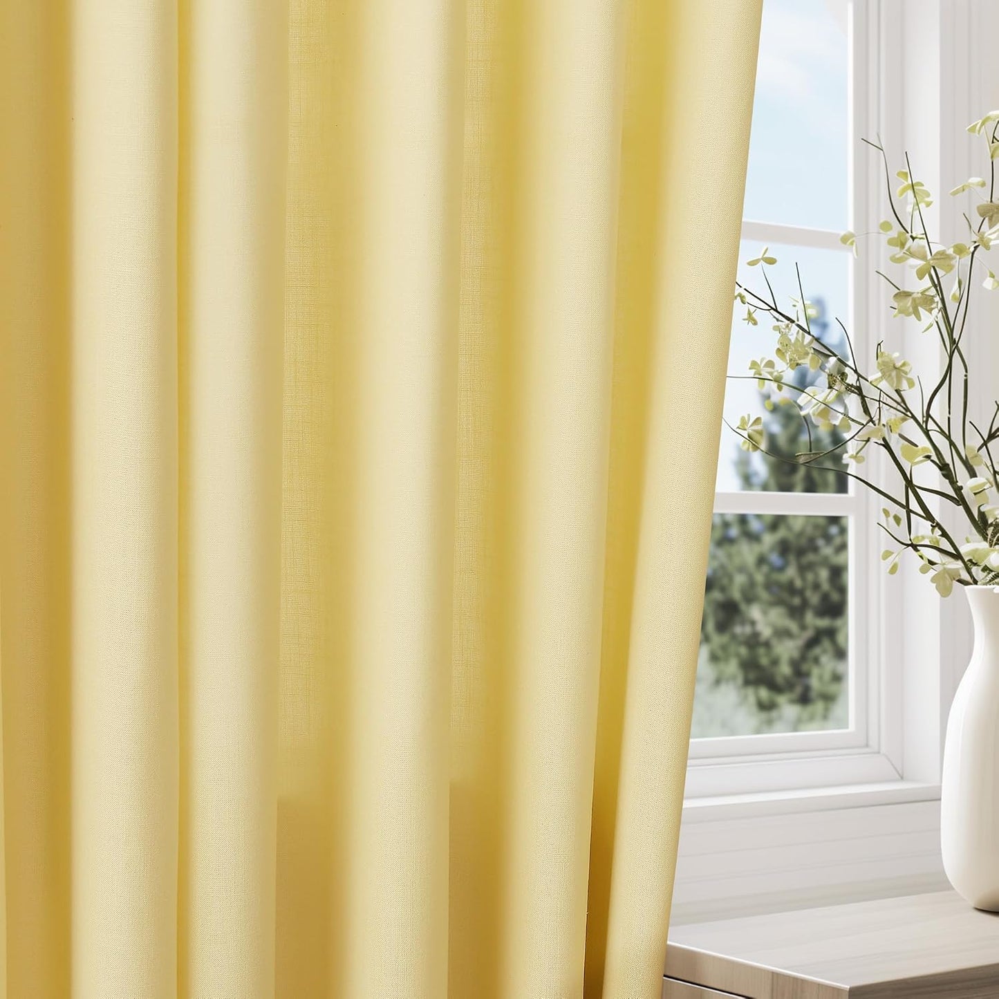 Jowels Yellow Linen Curtains 84 Inch Length 2 Panels for Living Room Bedroom, Light Filtering Sheer Curtains 84 Inches, Elegant Modern Grommet Semi Sheer Soft Privacy Drapes