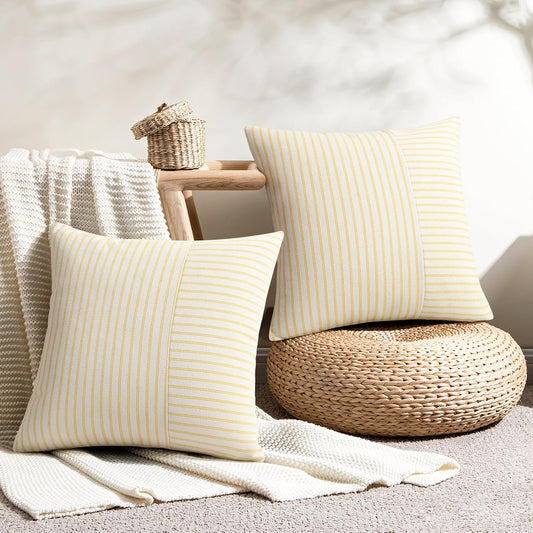 YCOLL Farmhouse Pillow Covers 18x18, Modern Accent Square Throw Pillow Covers Set of 2, Yellow and Beige Striped Patchwork Linen Decorative Pillows Cushion Covers for Couch Chair Bedroom Home Decor