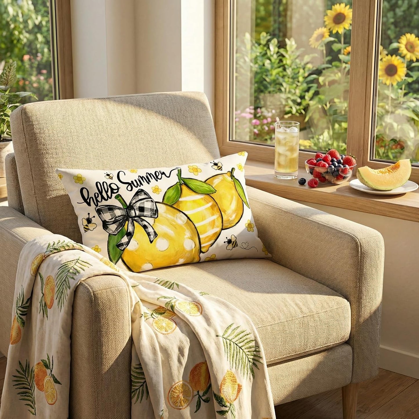 GEEORY Summer Lemon Pillow Cover 12x20 Inch - Hello Sunshine Bee Farmhouse Decor, Spring Summer Citrus Throw Pillow Case for Sofa, Couch, Living Room