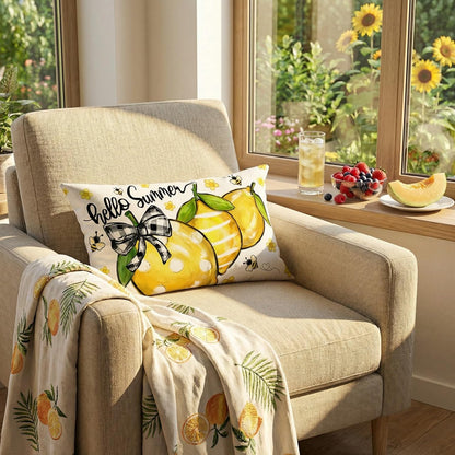 GEEORY Summer Lemon Pillow Cover 12x20 Inch - Hello Sunshine Bee Farmhouse Decor, Spring Summer Citrus Throw Pillow Case for Sofa, Couch, Living Room