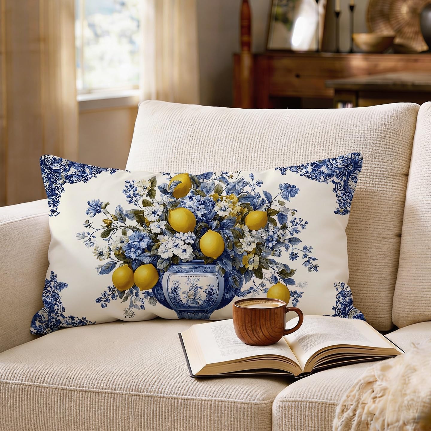 Mediterranean Lemon Lumbar Pillow Cover 12x20, Italian Home Decor, Yellow and Blue Amalfi Coast Floral Lemon Decorative Throw Pillow Cover Case for Couch Bed Home Room Bedroom