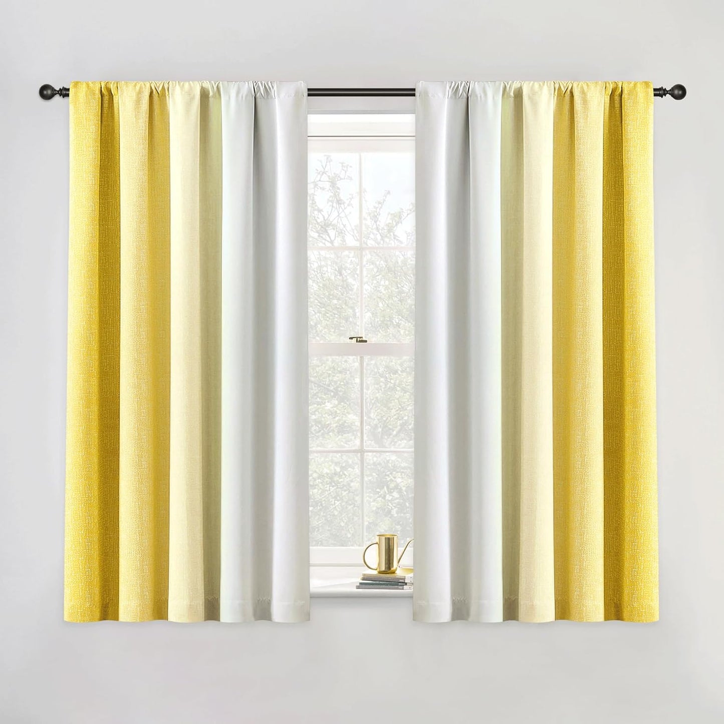 Ombre 100% Blackout Curtains 54 Inch Length 2 Panels for Bedroom Living Room Gold Yellow White Gradient Patterned Room Darkening Privacy Rod Pocket Window Treatment Drapes