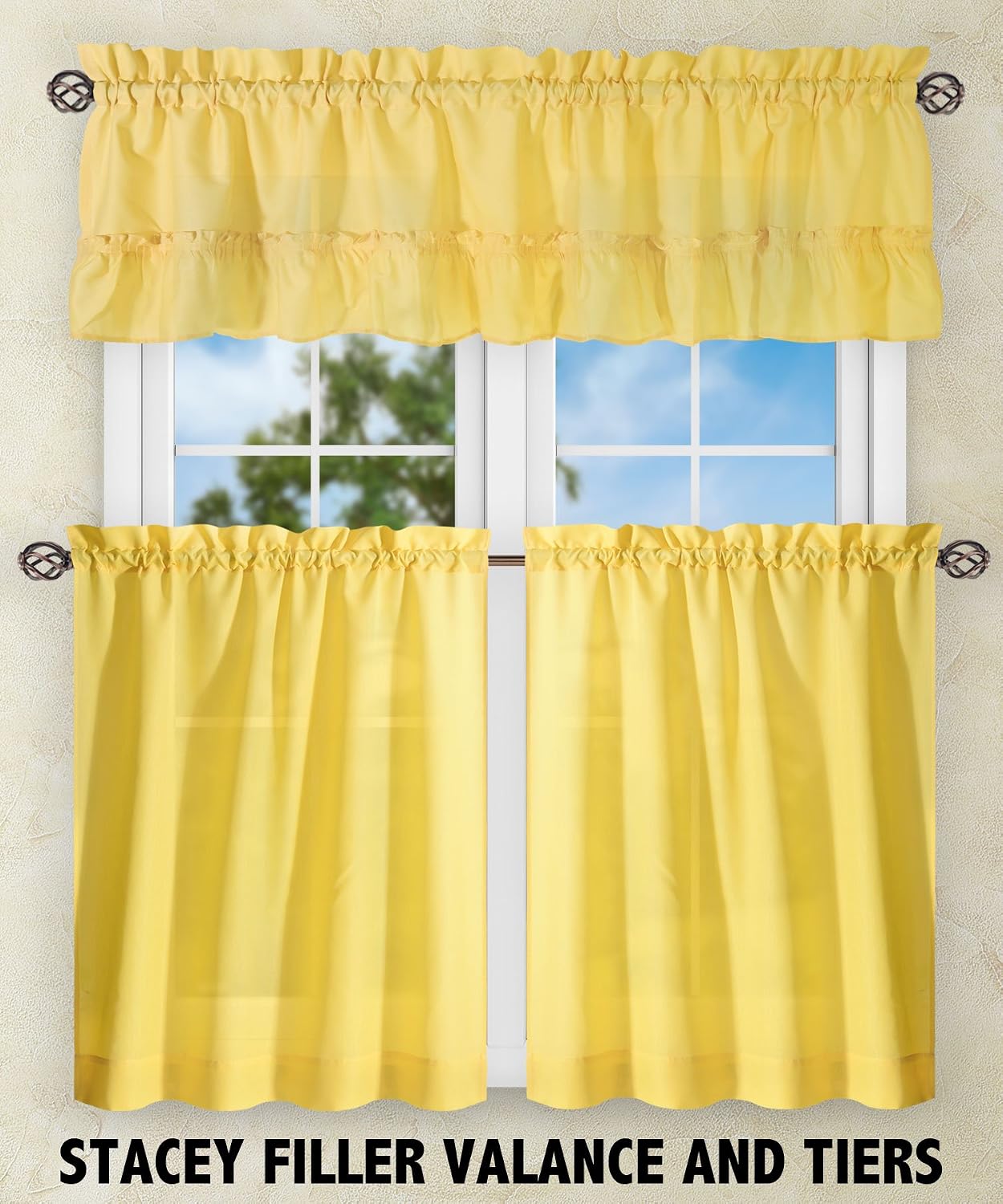 Ellis Curtain Stacey Sheer Tailored Tier Pair Curtains, 56" x 45", Yellow