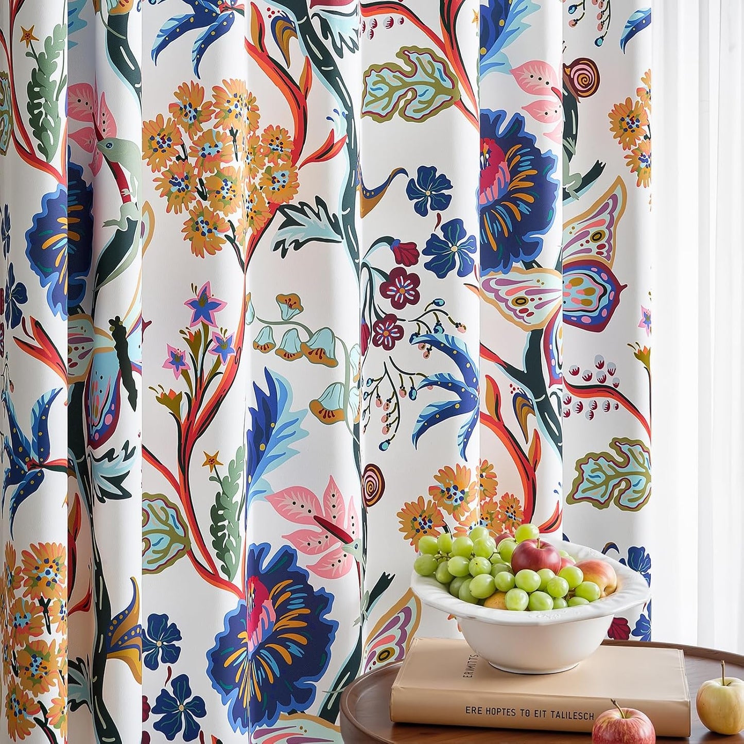 Topfinel Blackout Curtains for Bedroom Butterfly Flower Boho Farmhouse 72 Inch Long Drapes for Dining Room Living Room Royal Blue and Yellow French Country Hooks Rings Window Drapes,2 Panels
