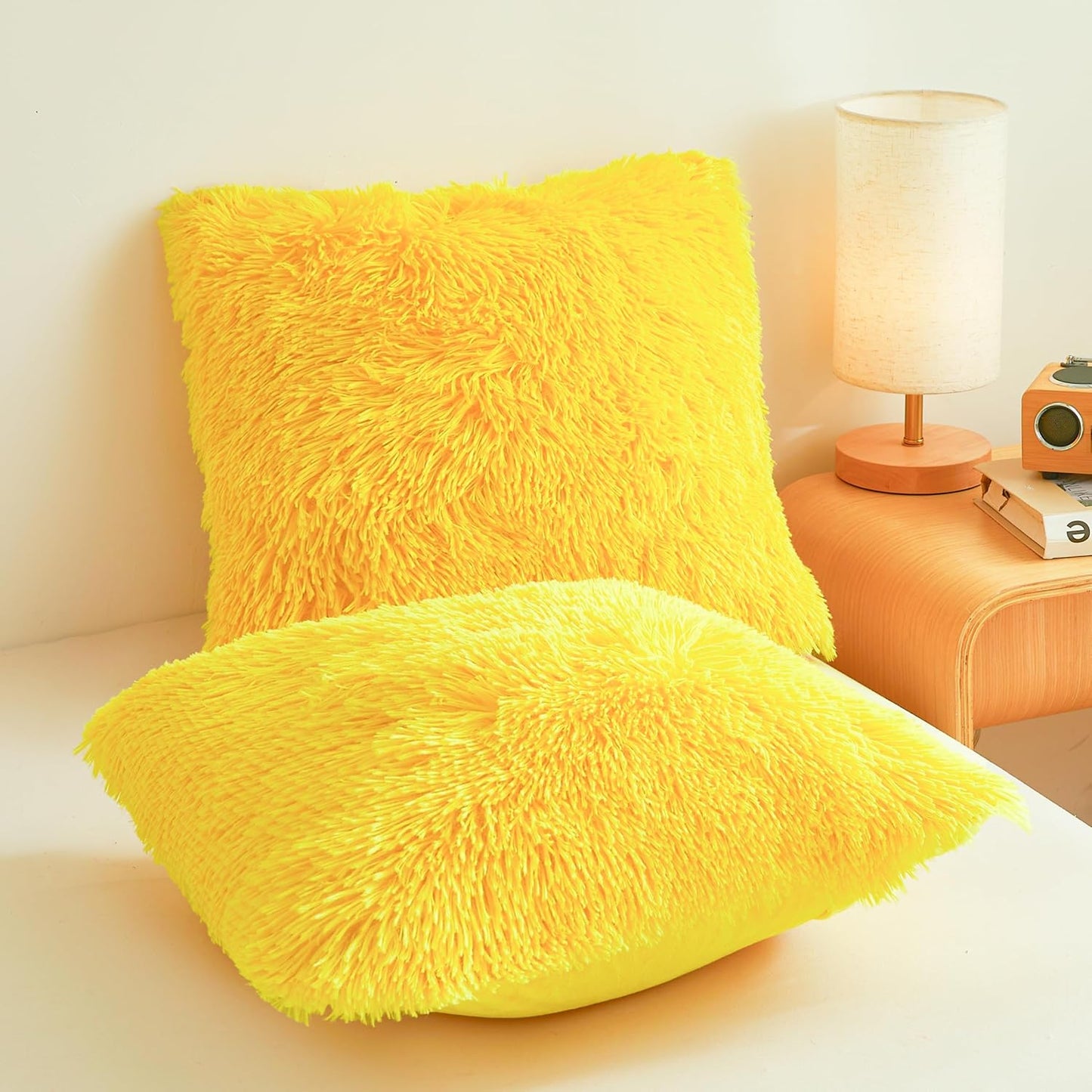 Plush Yellow Throw Pillow Cases Ultra Soft Fuzzy Fluffy Throw Pillow Covers with Furry Texture and Shaggy Touch, Faux Fur Cushion Shams for Sofa or Bed, Set of 2 with Zipper 18"x18"