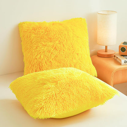 Plush Yellow Throw Pillow Cases Ultra Soft Fuzzy Fluffy Throw Pillow Covers with Furry Texture and Shaggy Touch, Faux Fur Cushion Shams for Sofa or Bed, Set of 2 with Zipper 18"x18"