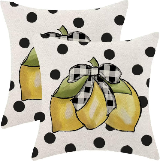Summer Pillow Covers 18x18 Set of 2, Yellow Lemons Polka Dots Outdoor Decorative Throw Pillows Farmhouse Linen Watercolor Cushion Case for Home Couch Sofa Decor