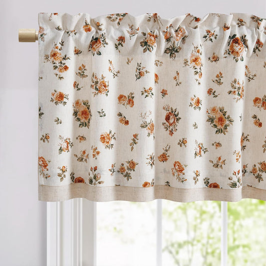 StangH Linen Floral Valance Kitchen Curtains 18 Inches,Printed Double Layer Valance Living Room Laundry Room Darkening Farmhouse Vintage Flower Window Treatment,Yellow,W52 x L18,1 Panel