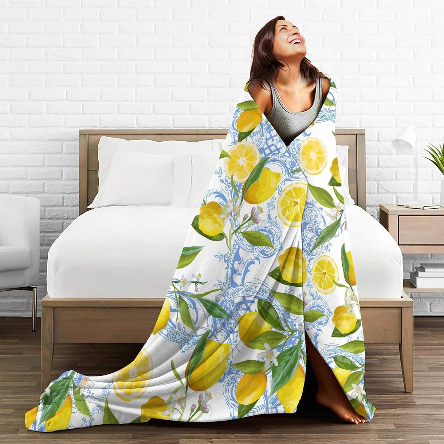 Lemon Floral Blanket Yellow Fruits Green Leaves Lemon Gifts for Women Kids Girls Home Bedroom Living Room Decor Soft Lightweight Throw Blankets 60"x50"
