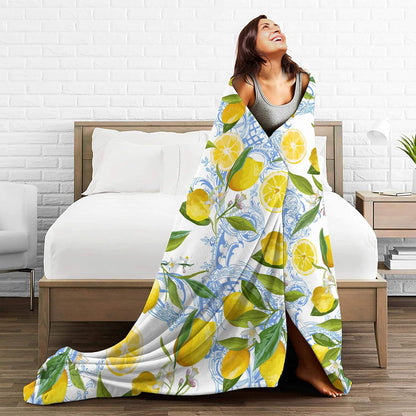 Lemon Floral Blanket Yellow Fruits Green Leaves Lemon Gifts for Women Kids Girls Home Bedroom Living Room Decor Soft Lightweight Throw Blankets 60"x50"