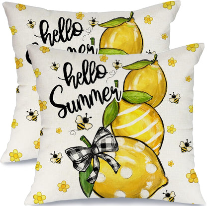 GEEORY Summer Lemon Pillow Covers Set of 2, 18x18 Inch - Hello Sunshine Bee Farmhouse Decor Spring Summer Pillow Case for Sofa and Living Room