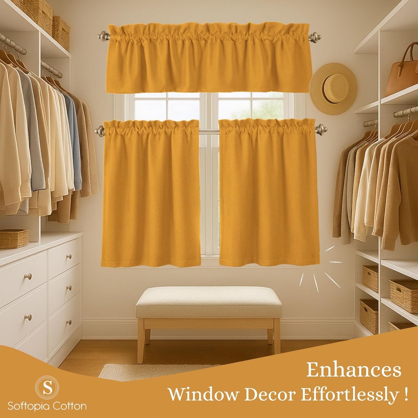 3 Piece Window Curtain Set, 100% Cotton, 2 Tiers 26x36 Inch & 1 Valance 54x18 Inch, Semi Sheer, Rod Pocket, Short Curtains for Kitchen, Café, Living Room, Bathroom, Mustard Yellow