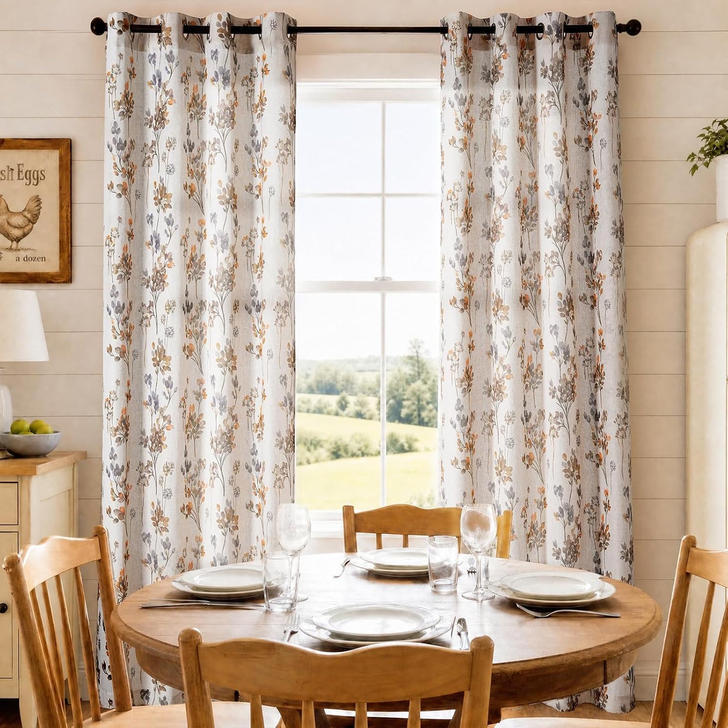 Floral Linen Curtains 72 inch Length 2 Panels Set Flower Patterned Semi Sheer Light Filtering Privacy Farmhouse Grommet Drapes for Living Room, Yellow, 52" W X 72" L, Tan