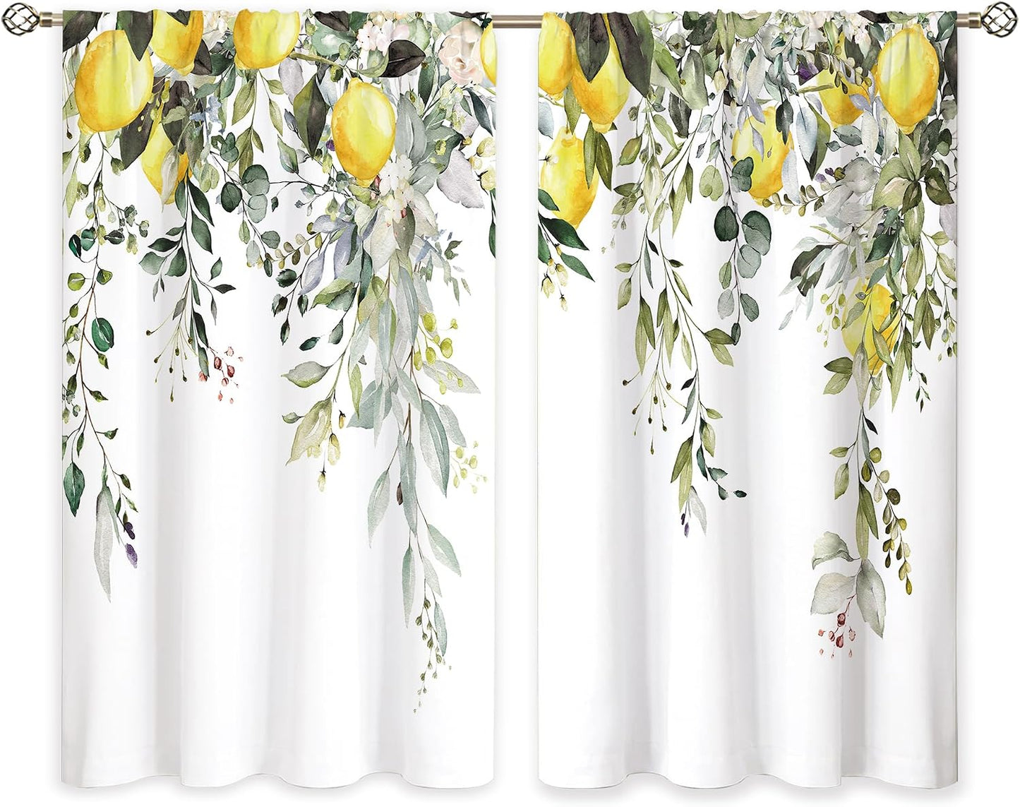 Eucalyptus Botanical Leaves Yellow Lemon Window Curtains Herb Plant Floral Fruit Sage Green Rod Pocket Curtain Drapes Flower Curtains for Bedroom Living Room Treatment 2 Panels 42Wx45H Inch