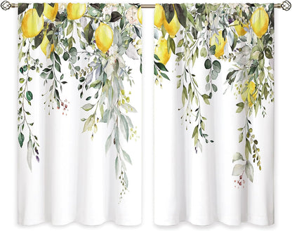 Eucalyptus Botanical Leaves Yellow Lemon Window Curtains Herb Plant Floral Fruit Sage Green Rod Pocket Curtain Drapes Flower Curtains for Bedroom Living Room Treatment 2 Panels 42Wx45H Inch