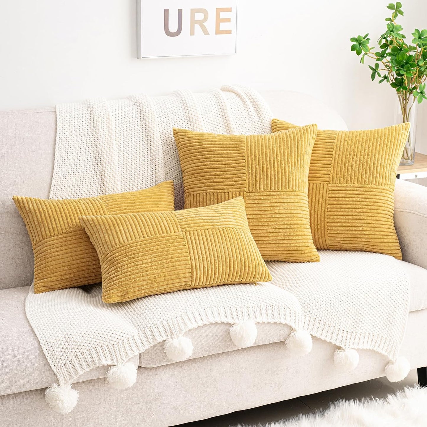 HWY 50 Mustard Yellow Corduroy Patchwork Throw Pillow Covers 12x20 Inch Rectangle, Set of 2, Soft Cozy Textured Decorative Cushion Cases for Couch Sofa Bed Living Room, Boho Striped Home Decor