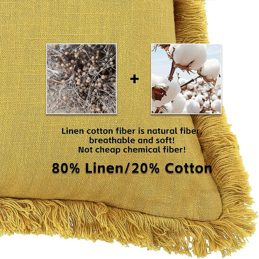 AmHoo Pack of 2 Linen Pillow Covers with Tassels Fringed Decorative Rustic Natural Throw Pillowcase Cushion for Couch Sofa Bedroom 18 x 18-Inch Mustard Yellow