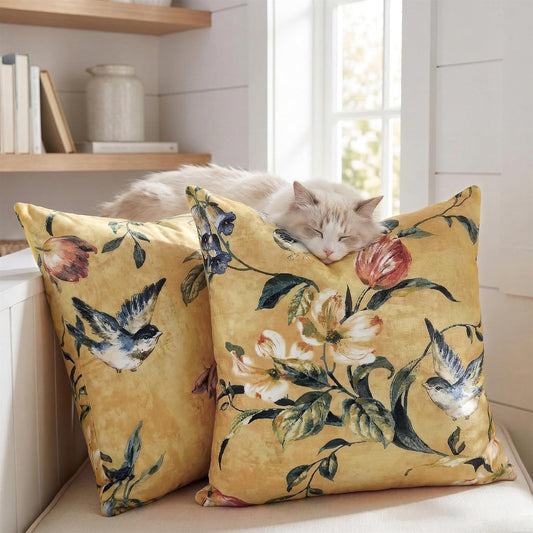 Designer Velvet Vintage Birds Yellow Pillow Covers 18"X 18"Set of 2，farmhouse Outdoor Decorative Rectangle Throw Pillow Covers,Mustard Yellow Floral Throw Pillow Case for Couch Sofa Bed Living Room